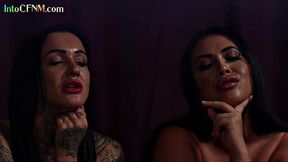 CFNM British dominas suck off bound guy in group
