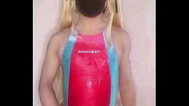 cute femboy rubs lube all over herself and cums
