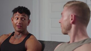 Muscular Latino and a pale blond making magic together