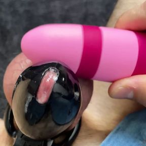 POV teasing cock in chastity cage with vibrator NO CUMSHOT