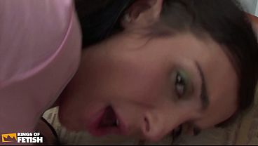 Man with long hair smashes a teen with tight ass and pussy on the sofa