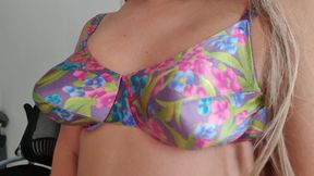 Colorful satin Victoria Sec bra, pointy boobs