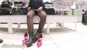 Stepdaughter shows off in stockings at a shoe store without panties