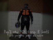 RubberBikerPup with new FOX Comp R boots and protective gear