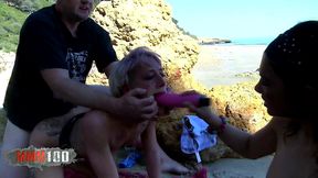 anal threesome with two hot sluts on a public beach