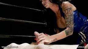 ”Tanned big boobed Tranny fucks bound man”