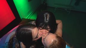 disco orgy: brunette and two blonde sluts destroy their tight pussies with a strapon on the dance floor