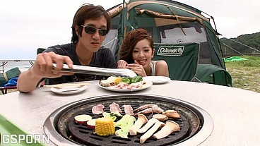 Japanese couple with sexy girlfriend go to camping for hot sex