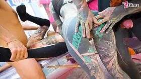 Inked paramours Big Dick foursome merry's tattooed venture