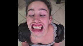 French Maid Tries to Swallow Her Own Piss Through Lip Retractor