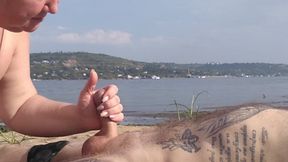 Jerking off and sucking cock on a  beach 4
