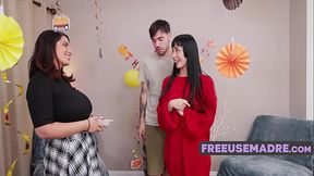 MILF stepmoms enjoy Thanksgiving threesome fuck