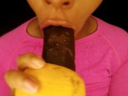 Big Tits Girl Wet Down Double Dick Dildo With Her Favorite Fruit!!!POV