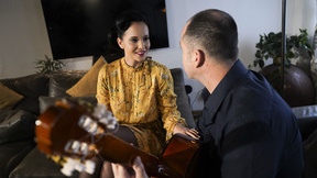 Jennifer Mendez blows and rides lucky dude on leather couch