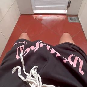 Young asian boy. Quiet discreet jerk in public toilet with Huge cum shot