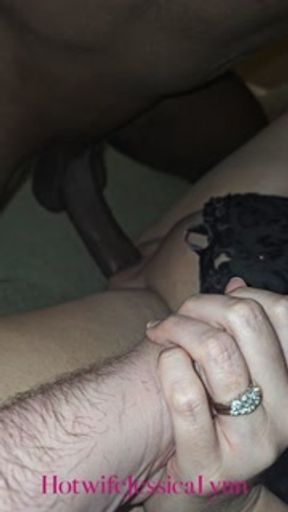 Cuckold husband holds wife while she fucks her bull