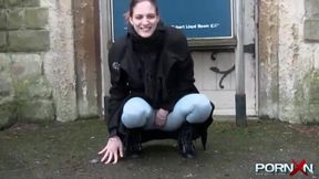 Trashy amateur teen honey pissing in her pants in public and kissing a stranger