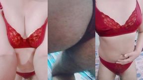 indian trans woman gaurisissy in red honeymoon bra panty looking so hot and sexy