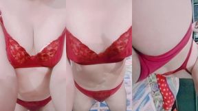 indian trans woman gaurisissy in red honeymoon bra panty looking so hot and sexy