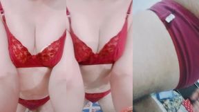 indian trans woman gaurisissy in red honeymoon bra panty looking so hot and sexy