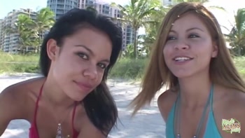 At the beach, a man meets Ruby Know and her companion for a POV blowjob