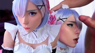 Cosplayerka Rem ssie kutasa i połyka ogromną ilość nasienia