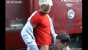 Wanking worker gets two buddies to enjoy a hot spit-roast!