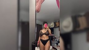 Busty hot Latina masturbates her shaved pussy after hard work