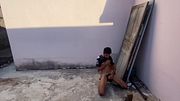 Skinny guy with a big dick jerking off in the street