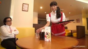 A well-endowed Asian waitress gains knowledge on client satisfaction while engaging in a threesome with her colleagues