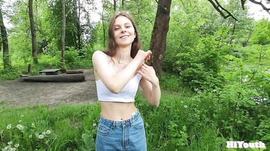 Stepsister teases with her big tits outdoor then gets fucked on the rock raw