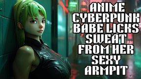 sexy anime cyberpunk babe poses showing us her lovely smooth pits and licks those sweaty armpits too