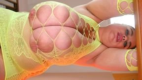 huge boobs in fishnet dress from below