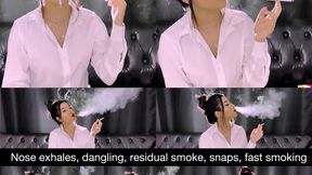 White shirt, hair up, red lips, marlboro red, nose exhales, simultaneous exhales, dangling, snaps, multi pumps, residual exhales and more!