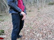 Sexy metalhead peeing in the forest