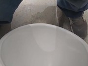Almost CAUGHT! Public bathroom!! Chastity cage URIAL PEE!!! VERY RISKY!!!