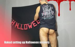 Naked Guy Setting up Halloween Scenery by Louiferdi