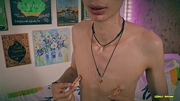 Playing with my nipples, oil and clamps.