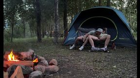 Fellating his mushroom head while camping