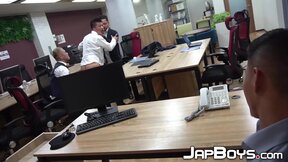 After a hard day at work Reach and Gal are fucking and cumming in a foursome