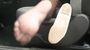 ”Redhead pedal pumping & upskirt in stockings & flats”