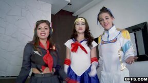 Three BESTFRIEND cosplay sluts gangbang a pervy dude