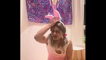 Femme Sandy - Chastity Sissy: Peeing in Bowl &amp_ Swallowing (bunny Outfit)