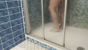 trampling on the thick shower mat