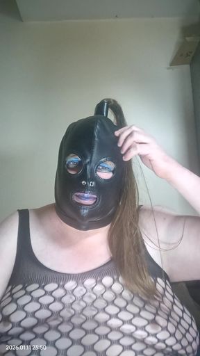 BBW TV plays with her nipples through fishnet body stocking.