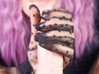 Intensive tugjob in transparent ebony lace gloves! This babe quickly jerks off his wang and enjoys large cum