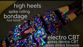 Bondage clip with CBT electro, CBT press device, spike roller, spit and verbal humiliation, high heels fetish, cock trample, foot worship and dildos glass blowjob with Domme GospodaricaEmma and Her slave Wolfy01