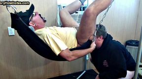 Real gloryhole DILF rimmed and fucked in sling by gay