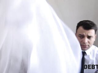 DEBT4k Debt collector bangs the bride in white suit and nylons