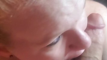 Small redhead MILF sucking husband's dick and swallowing cum